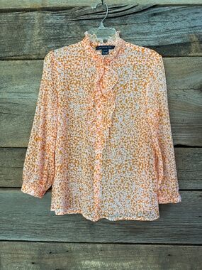 French Connection Cade Crinkle Ruffle neck blouse, orange and white print, sz 6